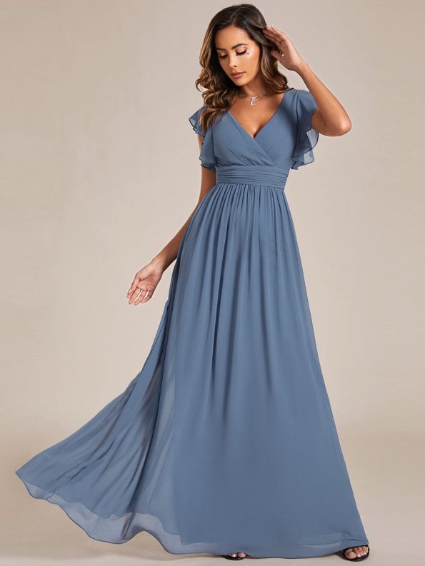 Back Cutout A-Line Pleated Ruffles Sleeve Chiffon Bridesmaid Dress - Dusty Navy