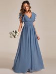 Back Cutout A-Line Pleated Ruffles Sleeve Chiffon Bridesmaid Dress – Dusty Navy