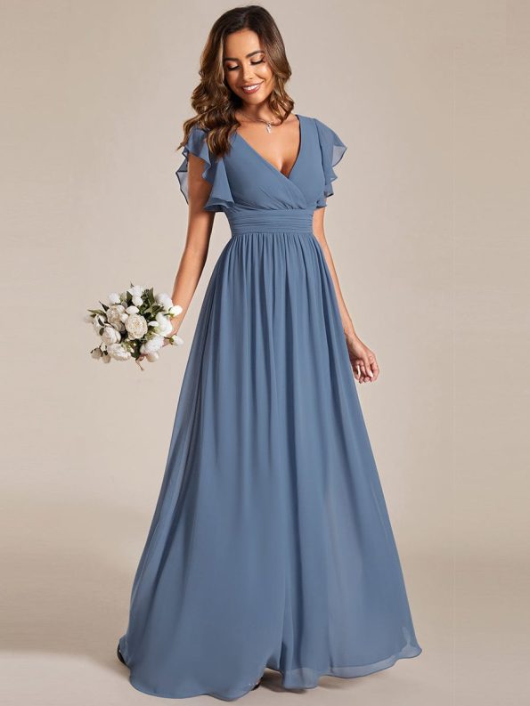 Back Cutout A-Line Pleated Ruffles Sleeve Chiffon Bridesmaid Dress - Dusty Navy