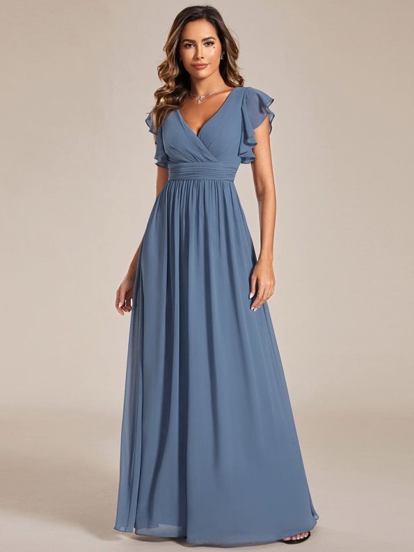 Back Cutout A-Line Pleated Ruffles Sleeve Chiffon Bridesmaid Dress - Dusty Navy