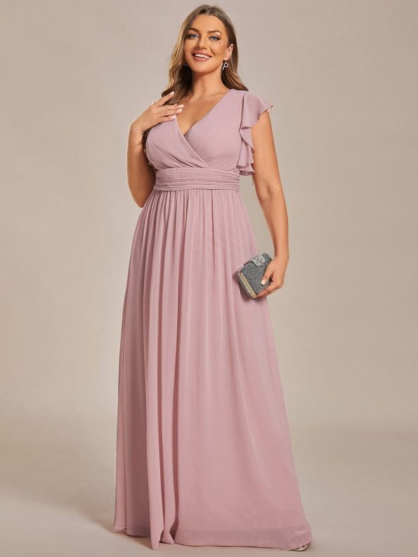 Back Cutout A-Line Pleated Ruffles Sleeve Chiffon Bridesmaid Dress - Dusty Rose