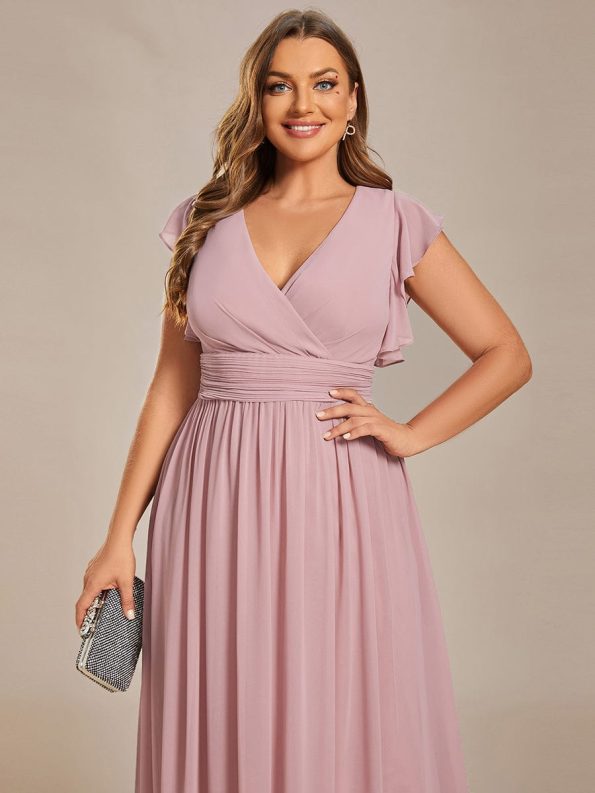 Back Cutout A-Line Pleated Ruffles Sleeve Chiffon Bridesmaid Dress - Dusty Rose