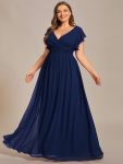 Back Cutout A-Line Pleated Ruffles Sleeve Chiffon Bridesmaid Dress – Navy Blue