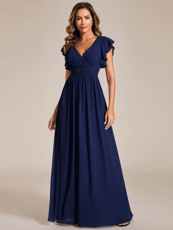 Back Cutout A-Line Pleated Ruffles Sleeve Chiffon Bridesmaid Dress - Navy Blue