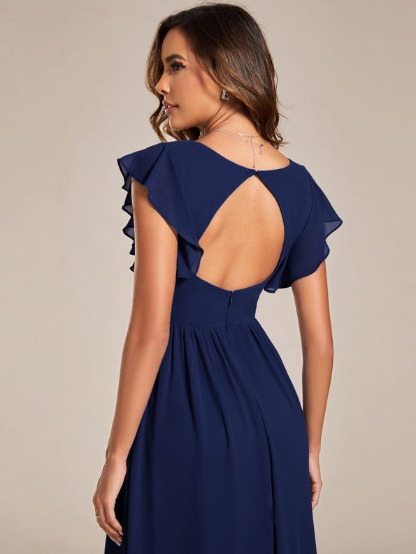 Back Cutout A-Line Pleated Ruffles Sleeve Chiffon Bridesmaid Dress - Navy Blue