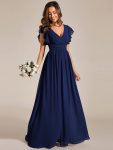 Back Cutout A-Line Pleated Ruffles Sleeve Chiffon Bridesmaid Dress – Navy Blue