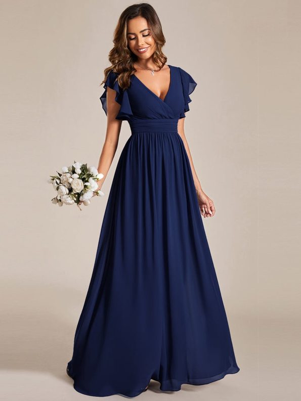 Back Cutout A-Line Pleated Ruffles Sleeve Chiffon Bridesmaid Dress - Navy Blue