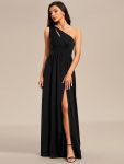 One Shoulder High Front Slit Hollow Out Neckline Bridesmaid Dress – Black