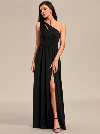 One Shoulder High Front Slit Hollow Out Neckline Bridesmaid Dress - Black