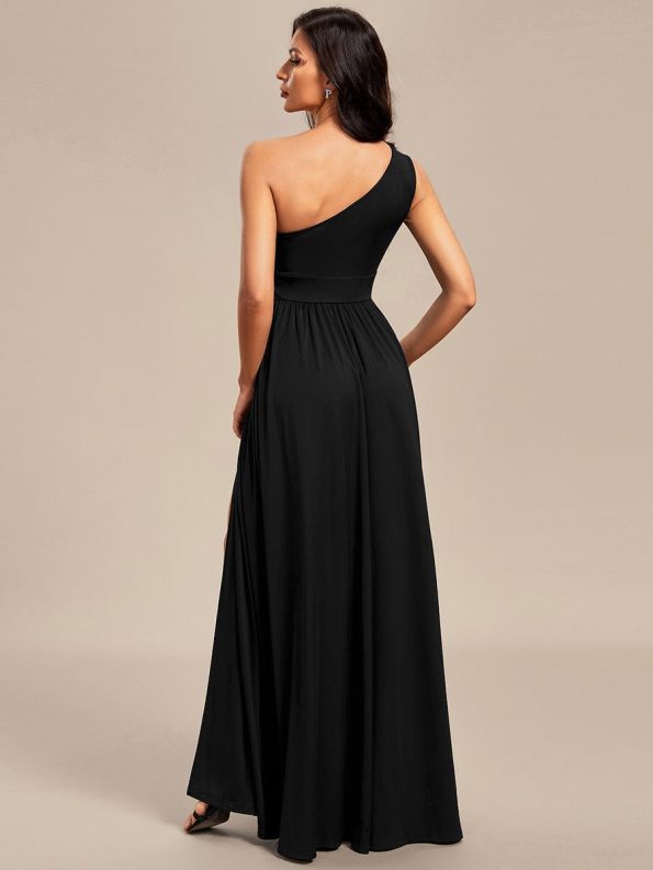 One Shoulder High Front Slit Hollow Out Neckline Bridesmaid Dress - Black