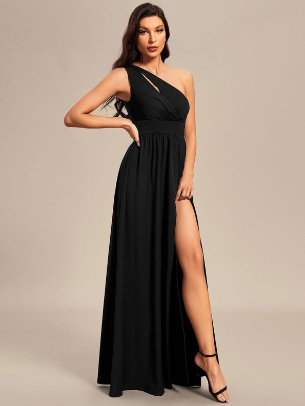 One Shoulder High Front Slit Hollow Out Neckline Bridesmaid Dress - Black