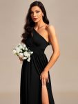 One Shoulder High Front Slit Hollow Out Neckline Bridesmaid Dress – Black