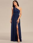 One Shoulder High Front Slit Hollow Out Neckline Bridesmaid Dress – Navy Blue