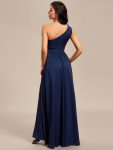 One Shoulder High Front Slit Hollow Out Neckline Bridesmaid Dress – Navy Blue