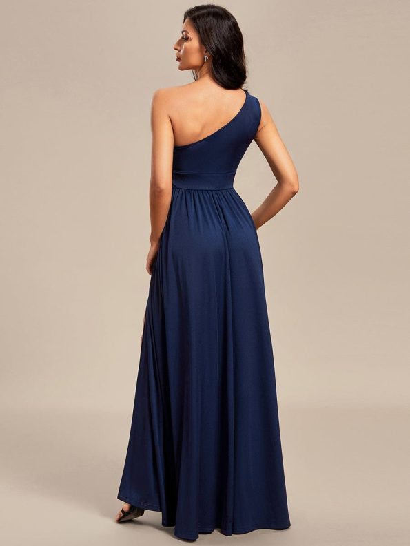 One Shoulder High Front Slit Hollow Out Neckline Bridesmaid Dress - Navy Blue