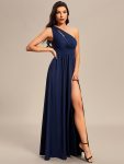 One Shoulder High Front Slit Hollow Out Neckline Bridesmaid Dress – Navy Blue