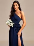 One Shoulder High Front Slit Hollow Out Neckline Bridesmaid Dress – Navy Blue