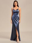 Pleated Front Slit Spaghetti Straps High Stretch Bodycon Satin Bridesmaid Dress – Stormy