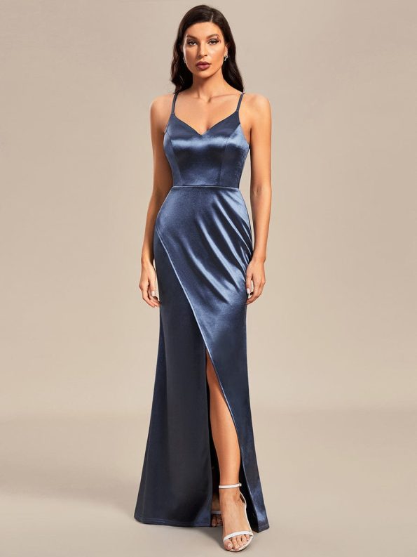 Pleated Front Slit Spaghetti Straps High Stretch Bodycon Satin Bridesmaid Dress - Stormy