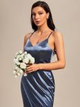 Pleated Front Slit Spaghetti Straps High Stretch Bodycon Satin Bridesmaid Dress – Stormy