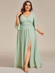 Half Sleeve V-Neck Pleated High Slit A-Line Chiffon Bridesmaid Dress – Mint Green