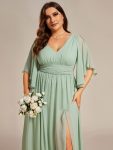 Half Sleeve V-Neck Pleated High Slit A-Line Chiffon Bridesmaid Dress – Mint Green