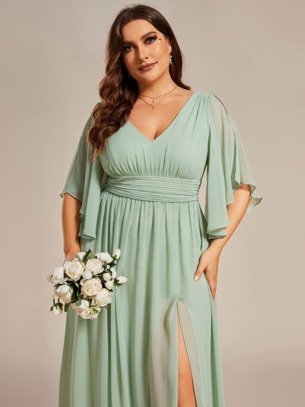 Half Sleeve V-Neck Pleated High Slit A-Line Chiffon Bridesmaid Dress - Mint Green