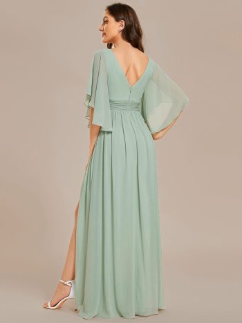 Half Sleeve V-Neck Pleated High Slit A-Line Chiffon Bridesmaid Dress - Mint Green