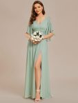 Half Sleeve V-Neck Pleated High Slit A-Line Chiffon Bridesmaid Dress – Mint Green