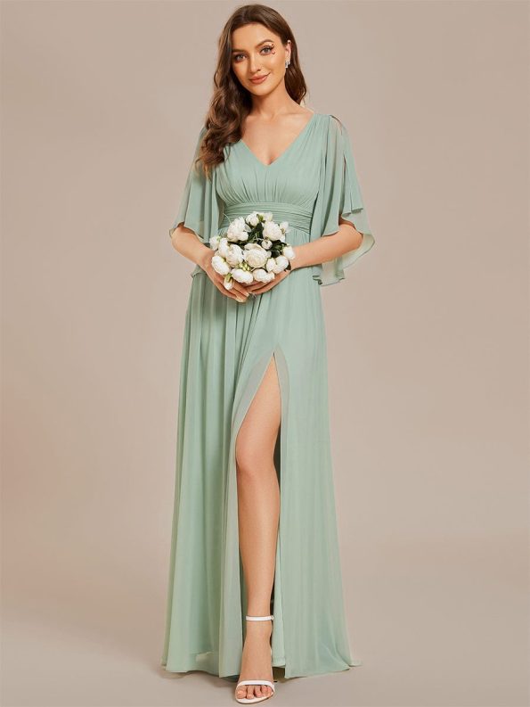 Half Sleeve V-Neck Pleated High Slit A-Line Chiffon Bridesmaid Dress - Mint Green