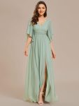 Half Sleeve V-Neck Pleated High Slit A-Line Chiffon Bridesmaid Dress - Mint Green