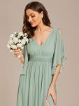 Half Sleeve V-Neck Pleated High Slit A-Line Chiffon Bridesmaid Dress – Mint Green