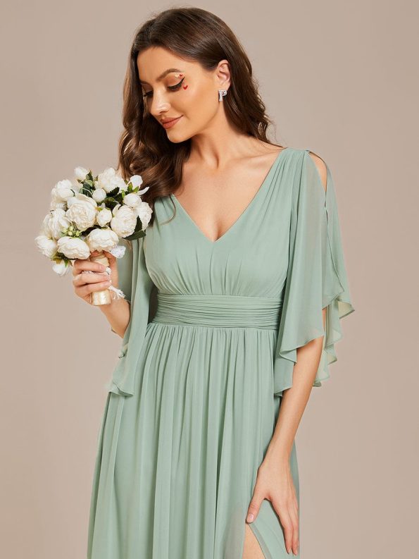 Half Sleeve V-Neck Pleated High Slit A-Line Chiffon Bridesmaid Dress - Mint Green