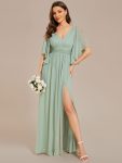 Half Sleeve V-Neck Pleated High Slit A-Line Chiffon Bridesmaid Dress – Mint Green