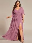 Half Sleeve V-Neck Pleated High Slit A-Line Chiffon Bridesmaid Dress – Purple Orchid