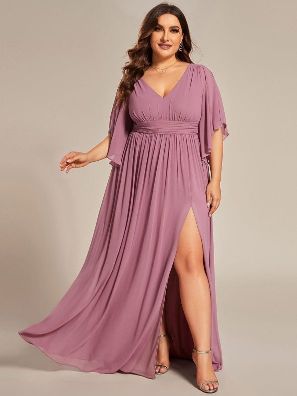 Half Sleeve V-Neck Pleated High Slit A-Line Chiffon Bridesmaid Dress - Purple Orchid