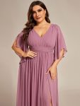 Half Sleeve V-Neck Pleated High Slit A-Line Chiffon Bridesmaid Dress – Purple Orchid