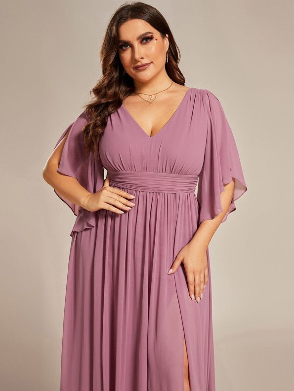 Half Sleeve V-Neck Pleated High Slit A-Line Chiffon Bridesmaid Dress - Purple Orchid