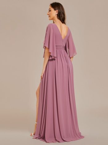 Half Sleeve V-Neck Pleated High Slit A-Line Chiffon Bridesmaid Dress - Purple Orchid