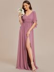 Half Sleeve V-Neck Pleated High Slit A-Line Chiffon Bridesmaid Dress - Purple Orchid