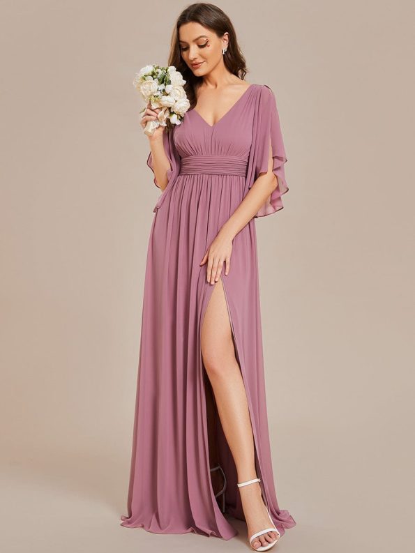 Half Sleeve V-Neck Pleated High Slit A-Line Chiffon Bridesmaid Dress - Purple Orchid