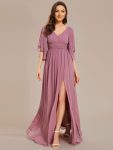 Half Sleeve V-Neck Pleated High Slit A-Line Chiffon Bridesmaid Dress – Purple Orchid