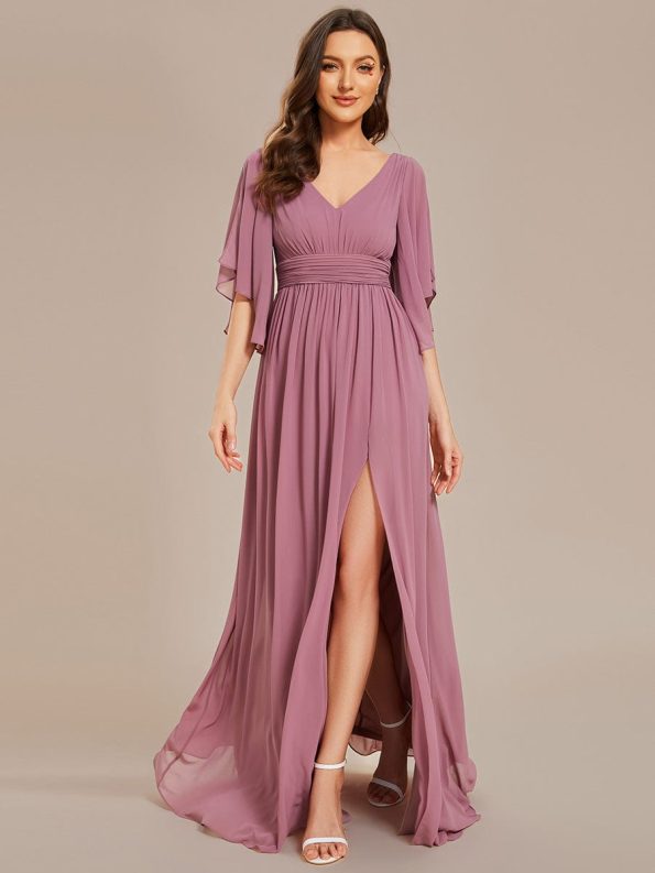 Half Sleeve V-Neck Pleated High Slit A-Line Chiffon Bridesmaid Dress - Purple Orchid