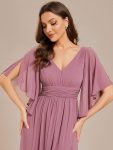 Half Sleeve V-Neck Pleated High Slit A-Line Chiffon Bridesmaid Dress – Purple Orchid