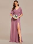 Half Sleeve V-Neck Pleated High Slit A-Line Chiffon Bridesmaid Dress – Purple Orchid