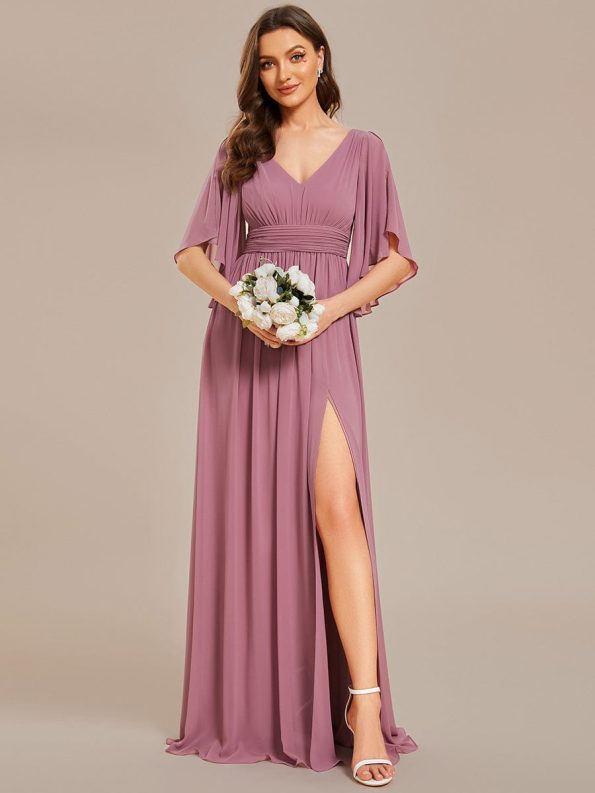 Half Sleeve V-Neck Pleated High Slit A-Line Chiffon Bridesmaid Dress - Purple Orchid