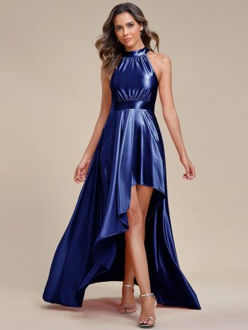 Belly Collar High-Low A-Line Satin Halter Bridesmaid Dress - Navy Blue