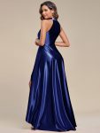 Belly Collar High-Low A-Line Satin Halter Bridesmaid Dress – Navy Blue