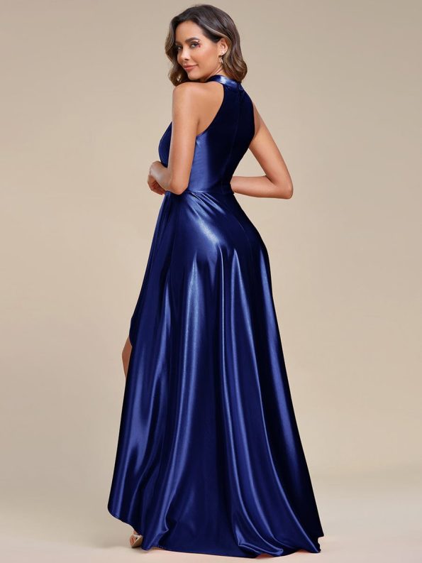 Belly Collar High-Low A-Line Satin Halter Bridesmaid Dress - Navy Blue