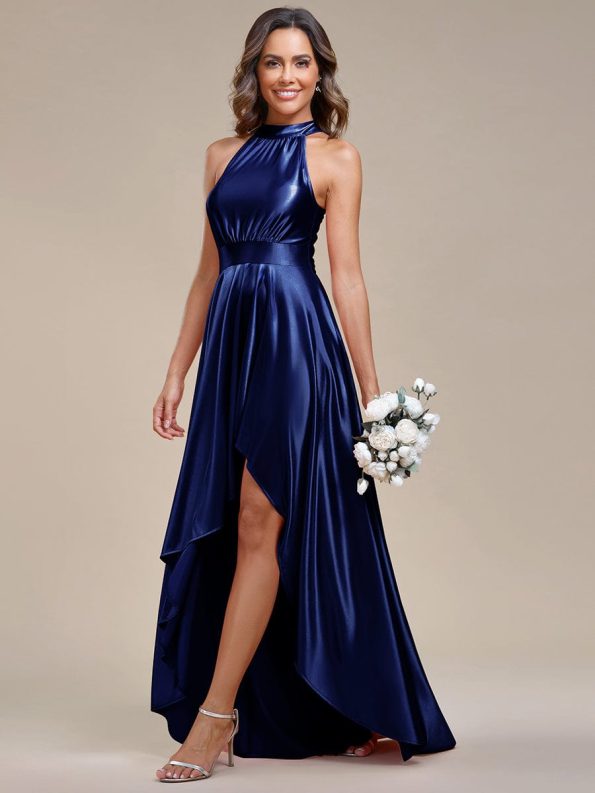 Belly Collar High-Low A-Line Satin Halter Bridesmaid Dress - Navy Blue